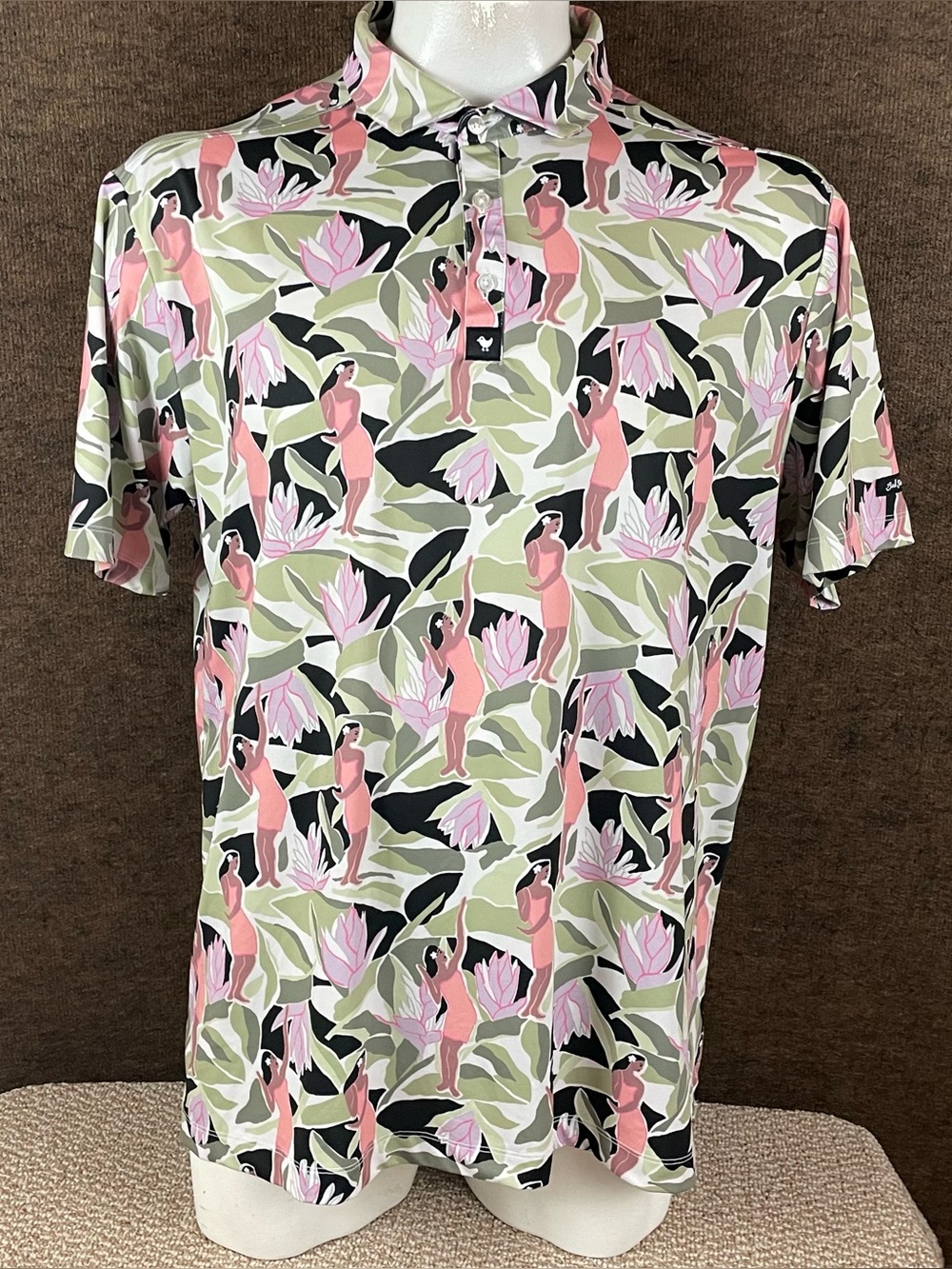 Bad Birdie Polo Shirt Men XXL Green Pink Golf Beach Hula Girl Hawaiian F375